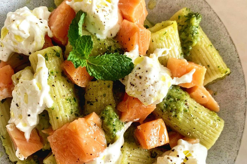 Rigatoni with Mint Zucchini Crema, Salmon Tartare and Burrata